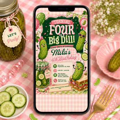 4th Birthday Invitation Girl, Turning Four Is a Big Dill Invite, Editable Canva Pickle Birthday Invitation, Funny Kids Birthday Invite __etsy:8084846608