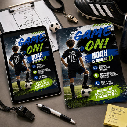 Soccer Birthday Invitation, Let's Kick It Party Invite, Kids Football Birthday, Sports Theme Boy, Game On Party Invite Canva Template __etsy:8084860056