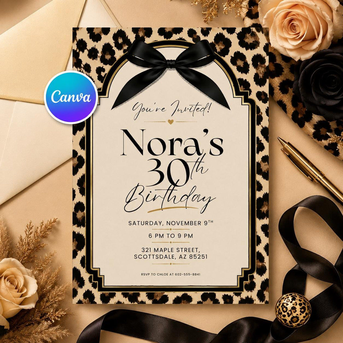 Leopard Print Black Bow 30th Birthday Invitation — editable Canva template