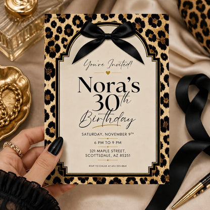 Leopard Print Black Bow 30th Birthday Invitation — 30th birthday party stationery by VoltBy
