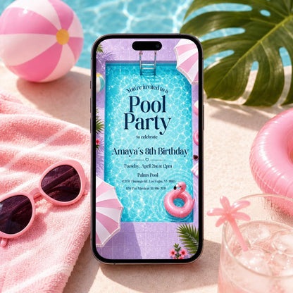 Pool Party 8th Birthday Invitation with Pink Striped Border — flamingo design