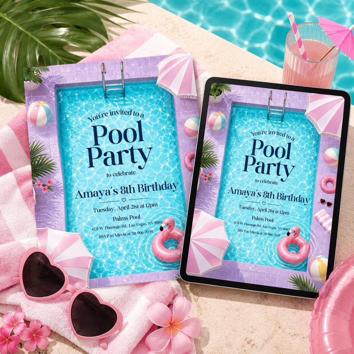 Pool Party 8th Birthday Invitation with Pink Striped Border — flamingo artwork in blue