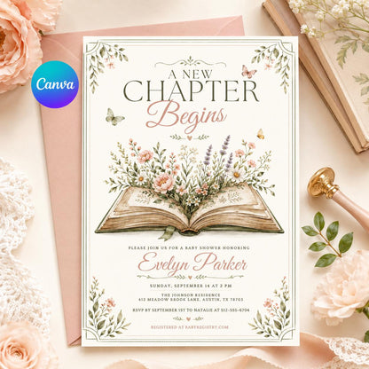 Framed Open Book Bridal Shower Invitation — editable Canva template