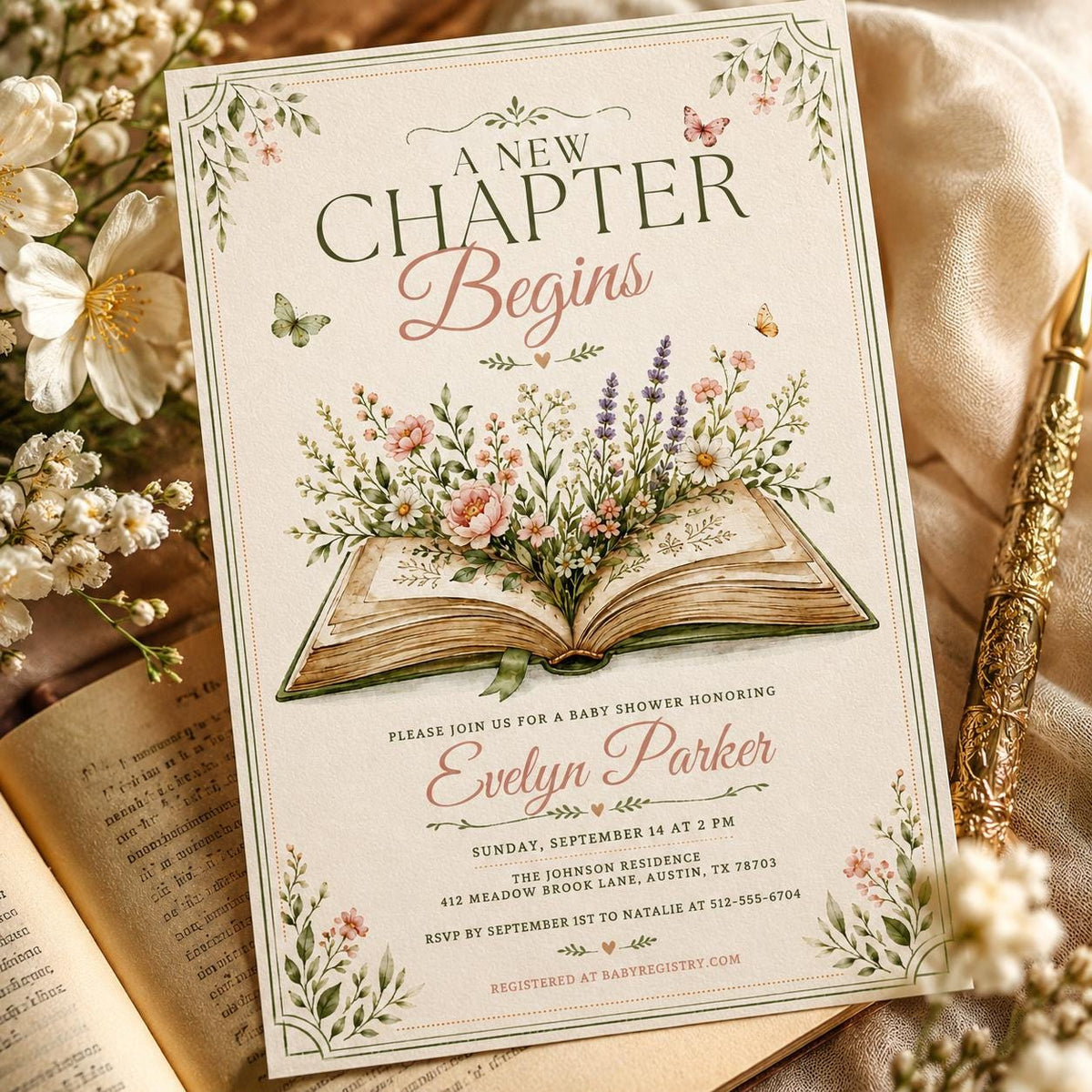 Framed Open Book Bridal Shower Invitation — botanical bridal shower design