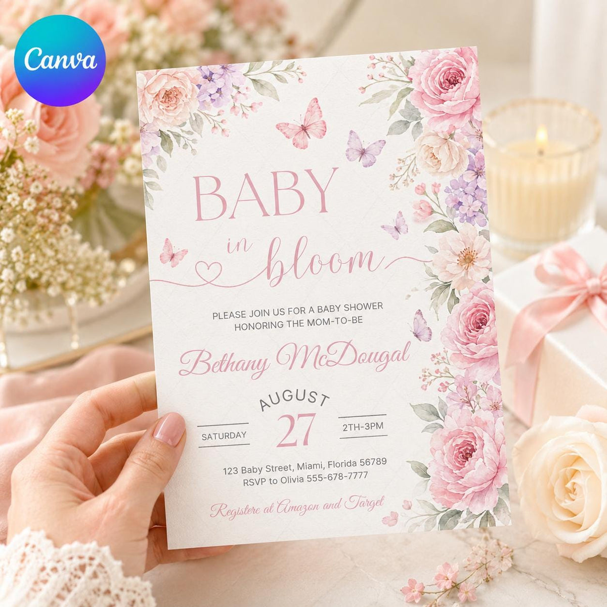 Baby in Bloom Shower Invitation with Pink Floral Side Border — editable Canva template