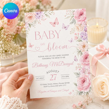 Baby in Bloom Shower Invitation with Pink Floral Side Border — editable Canva template