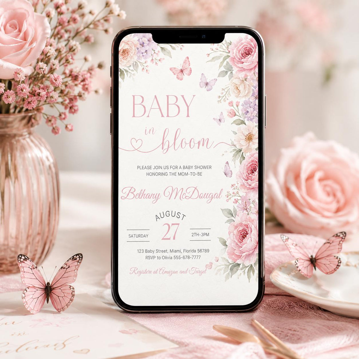 Baby in Bloom Shower Invitation with Pink Floral Side Border — butterfly design