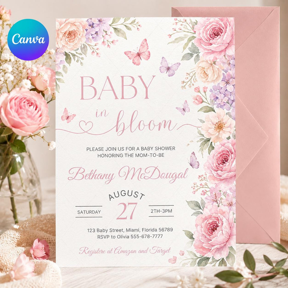 Baby in Bloom Shower Invitation with Pink Floral Side Border — print-ready baby shower design from VoltBy