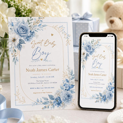 Editable Baby Shower Invitation, Boy Baby Clothes Baby Shower Invite, A Sweet Baby Boy is on his way Laundry Blue Greenery, Canva Template __etsy:8085398223