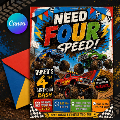Need Four Speed Monster Truck Birthday Invitation — editable Canva template