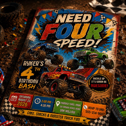 Need Four Speed Monster Truck Birthday Invitation — invitation you personalize in Canva