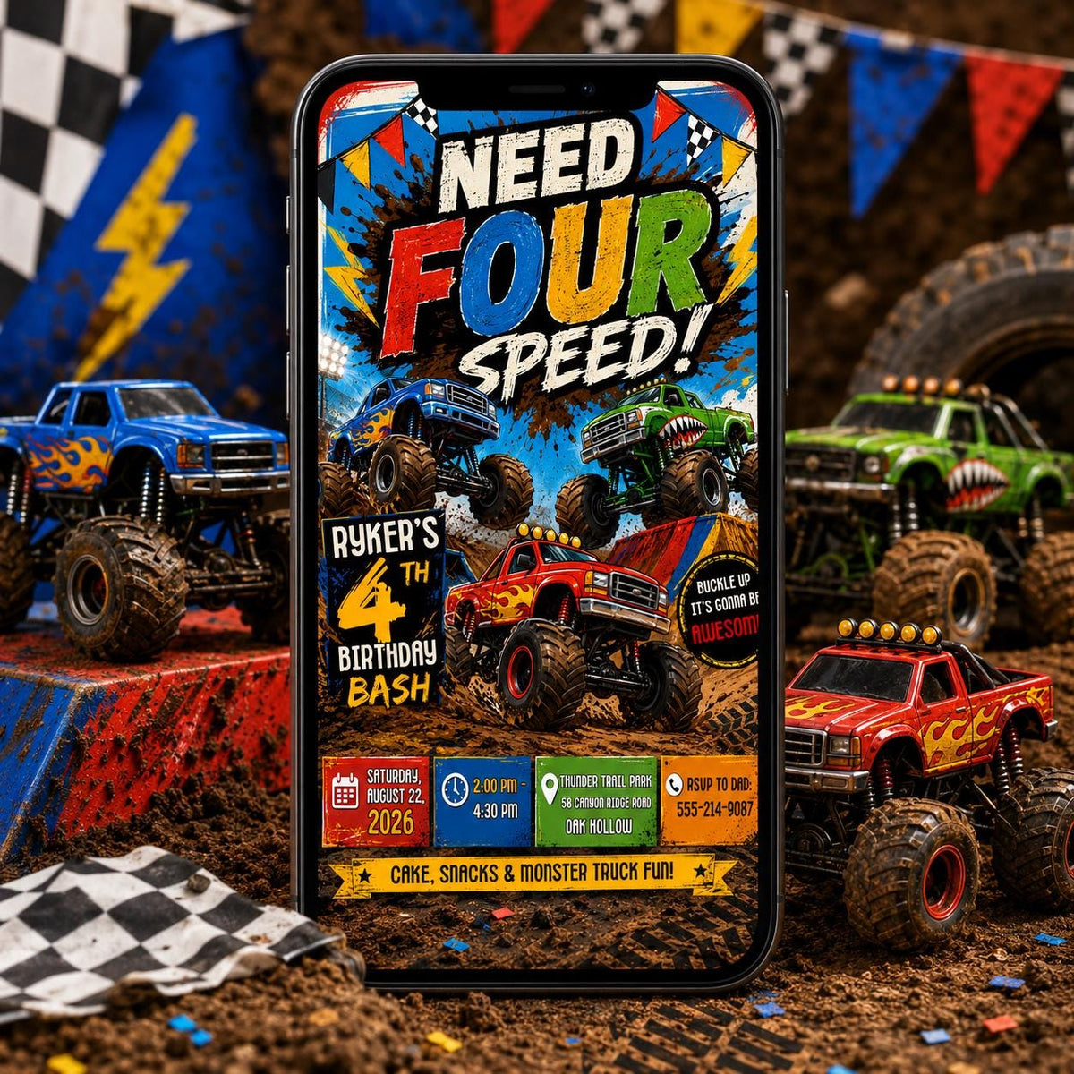 Need Four Speed Monster Truck Birthday Invitation — comic book 4th birthday party design