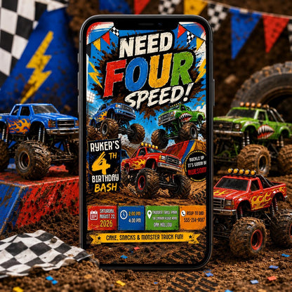 Need Four Speed Monster Truck Birthday Invitation — comic book 4th birthday party design