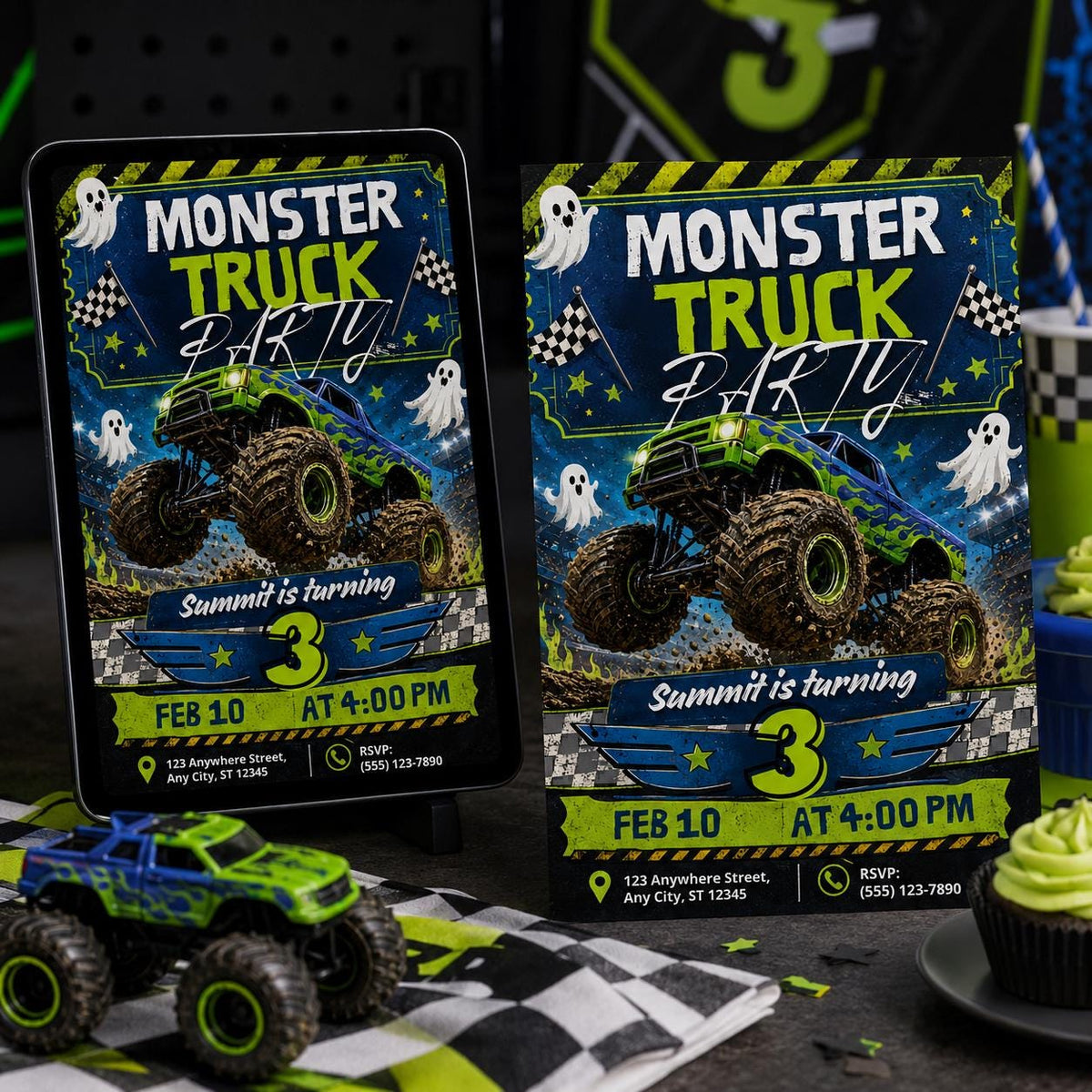 Ghost Monster Truck 3rd Birthday Invitation — print-ready 3rd birthday party design from VoltBy