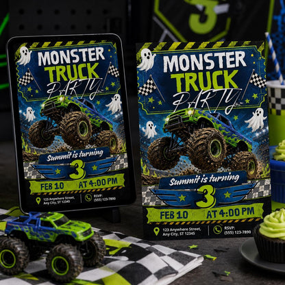 Ghost Monster Truck 3rd Birthday Invitation — print-ready 3rd birthday party design from VoltBy