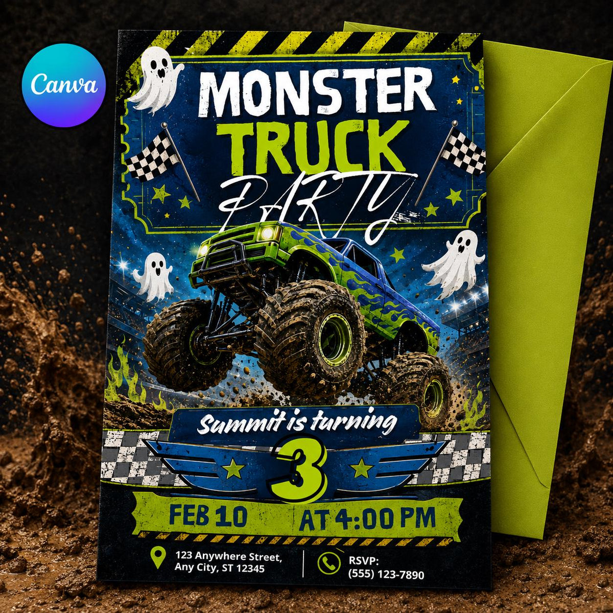 Ghost Monster Truck 3rd Birthday Invitation — editable Canva template