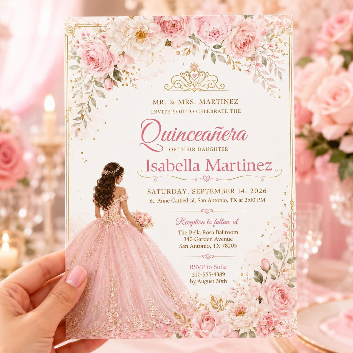 Blush Pink Quinceañera Invitation with Gown and Rose Border — print-ready quinceañera design from VoltBy
