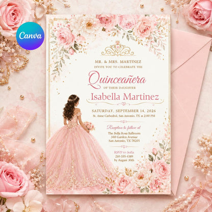 Blush Pink Quinceañera Invitation with Gown and Rose Border — editable Canva template