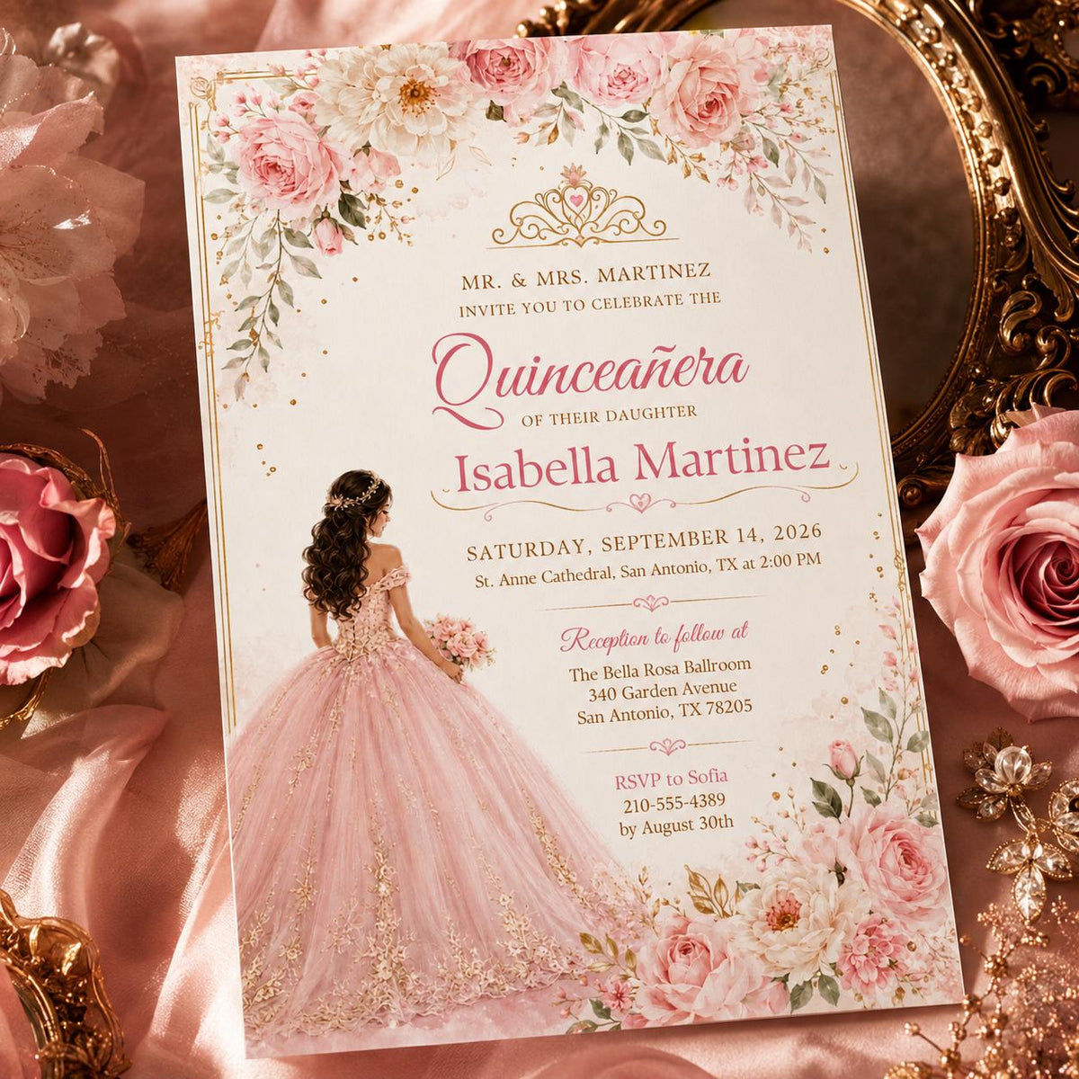 Blush Pink Quinceañera Invitation with Gown and Rose Border — quinceañera stationery by VoltBy