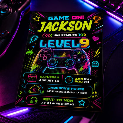 Neon Level 9 Birthday Invitation with Angled Border — gaming artwork in blue and pink
