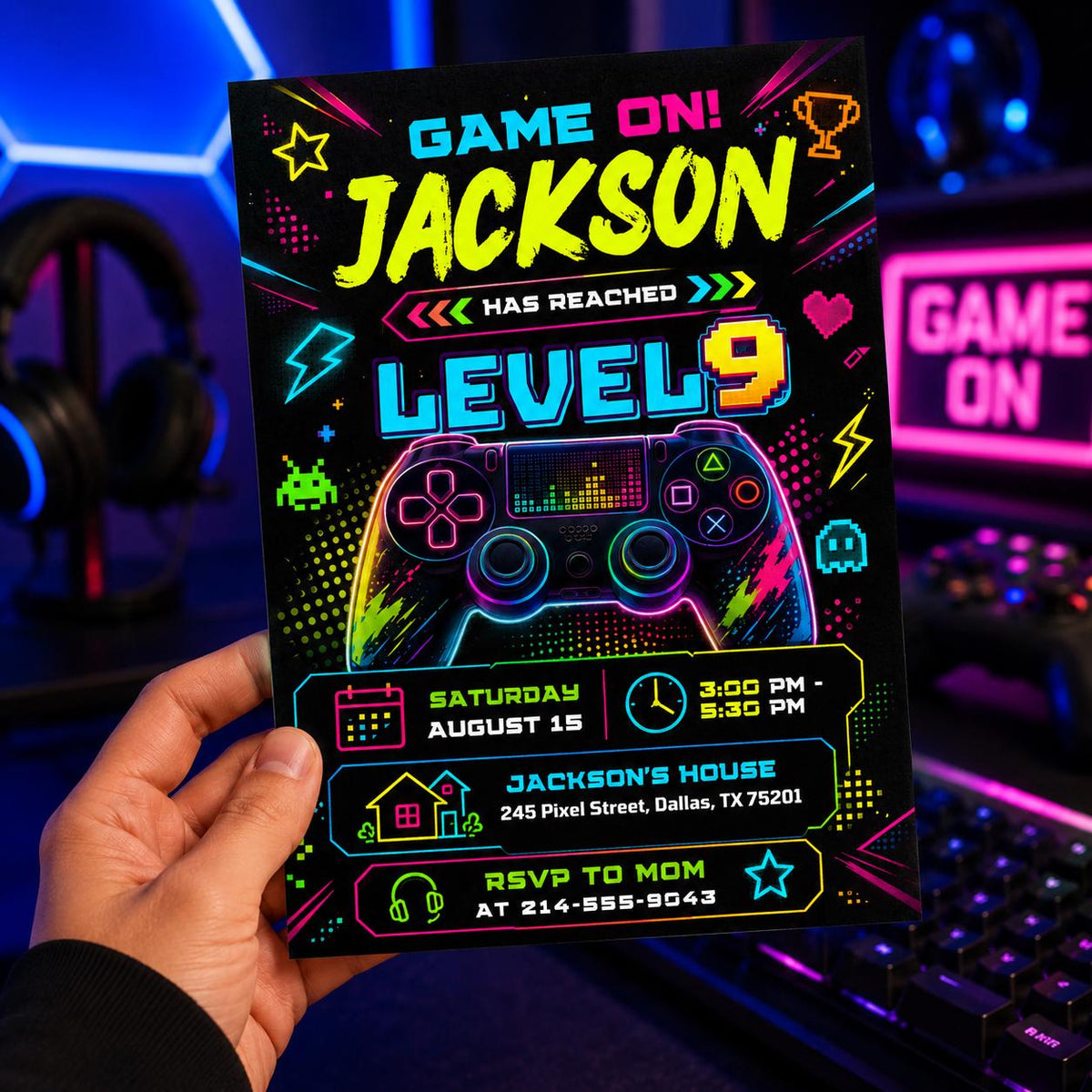 Neon Level 9 Birthday Invitation with Angled Border — gaming design