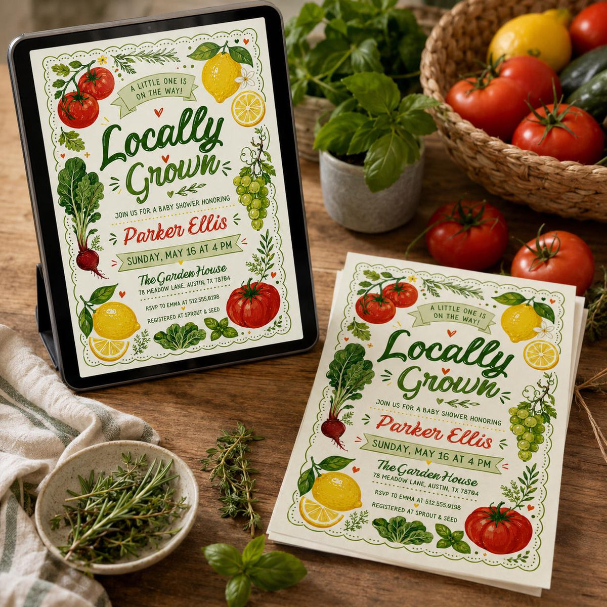 Locally Grown Baby Shower Invitation with Tomatoes and Lemons — lemon design