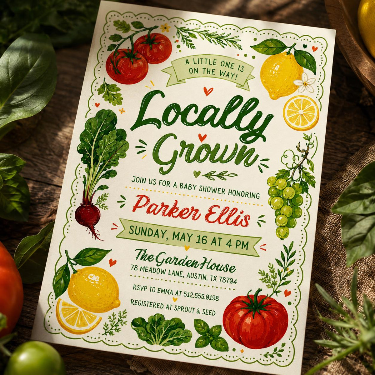Locally Grown Baby Shower Invitation with Tomatoes and Lemons — invitation you personalize in Canva