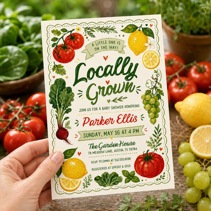 Locally Grown Baby Shower Invitation with Tomatoes and Lemons — lemon artwork in green red