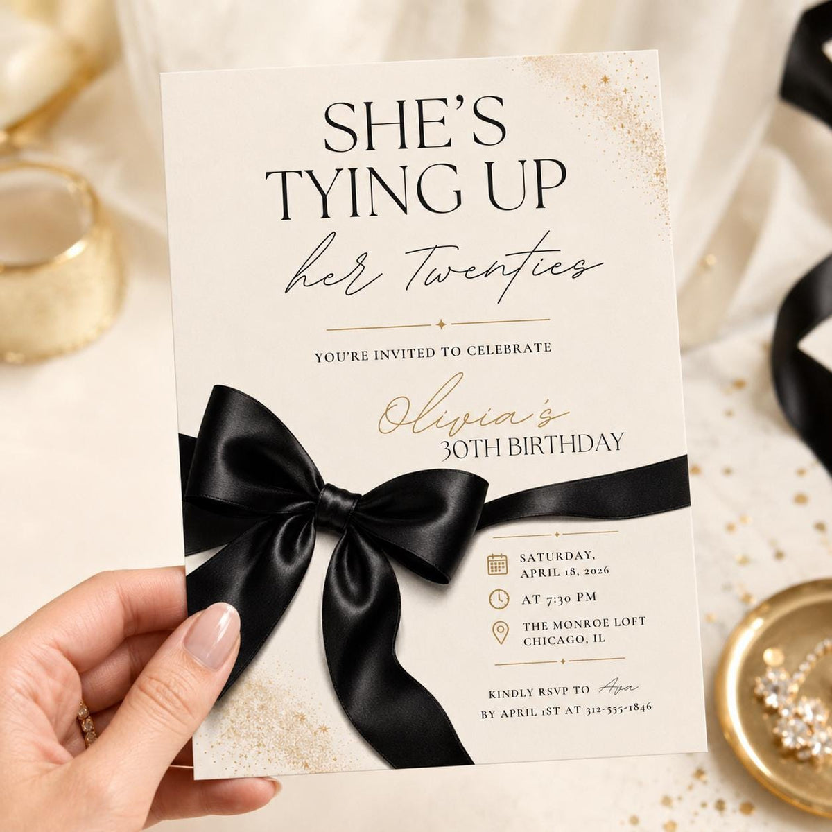 She's Tying Up Her Twenties Birthday Invitation with Black Bow — digital invitation, instant download