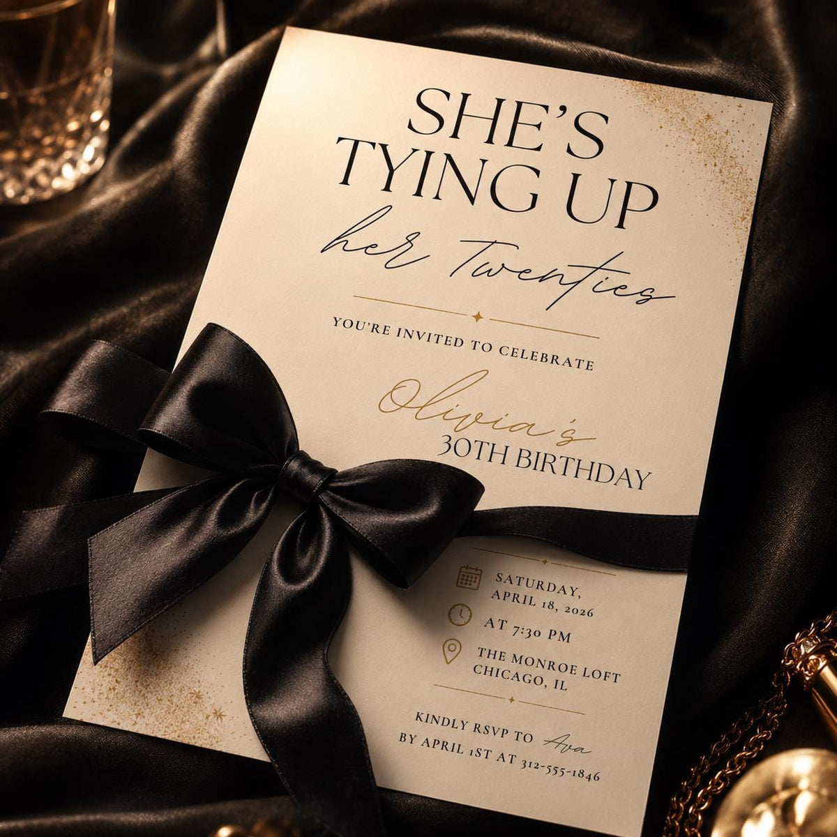 She's Tying Up Her Twenties Birthday Invitation with Black Bow — print-ready 30th birthday party design from VoltBy