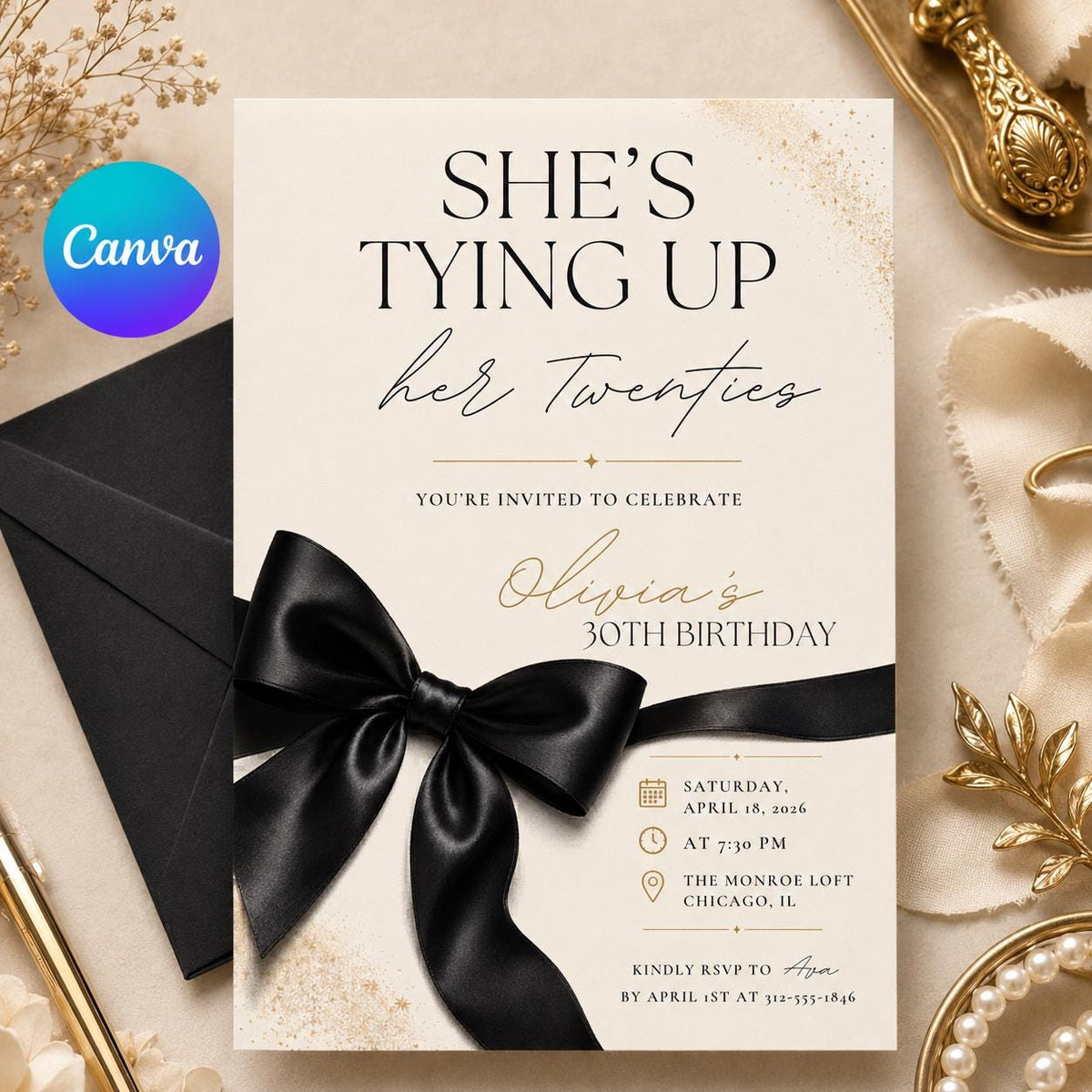 She's Tying Up Her Twenties Birthday Invitation with Black Bow — editable Canva template