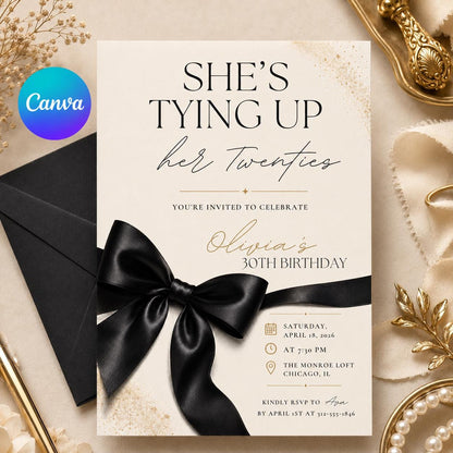 She's Tying Up Her Twenties Birthday Invitation with Black Bow — editable Canva template