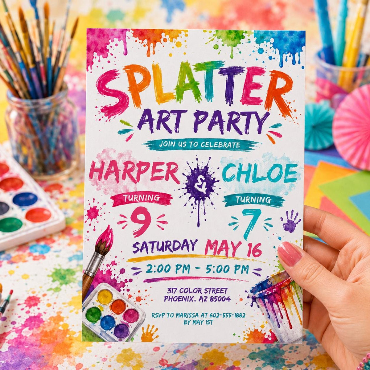 Splatter Art Joint 9th and 7th Birthday Invitation — invitation you personalize in Canva
