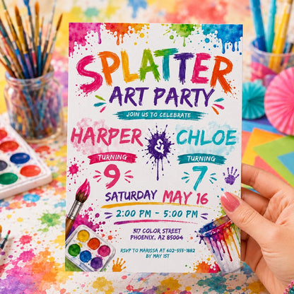 Splatter Art Joint 9th and 7th Birthday Invitation — invitation you personalize in Canva