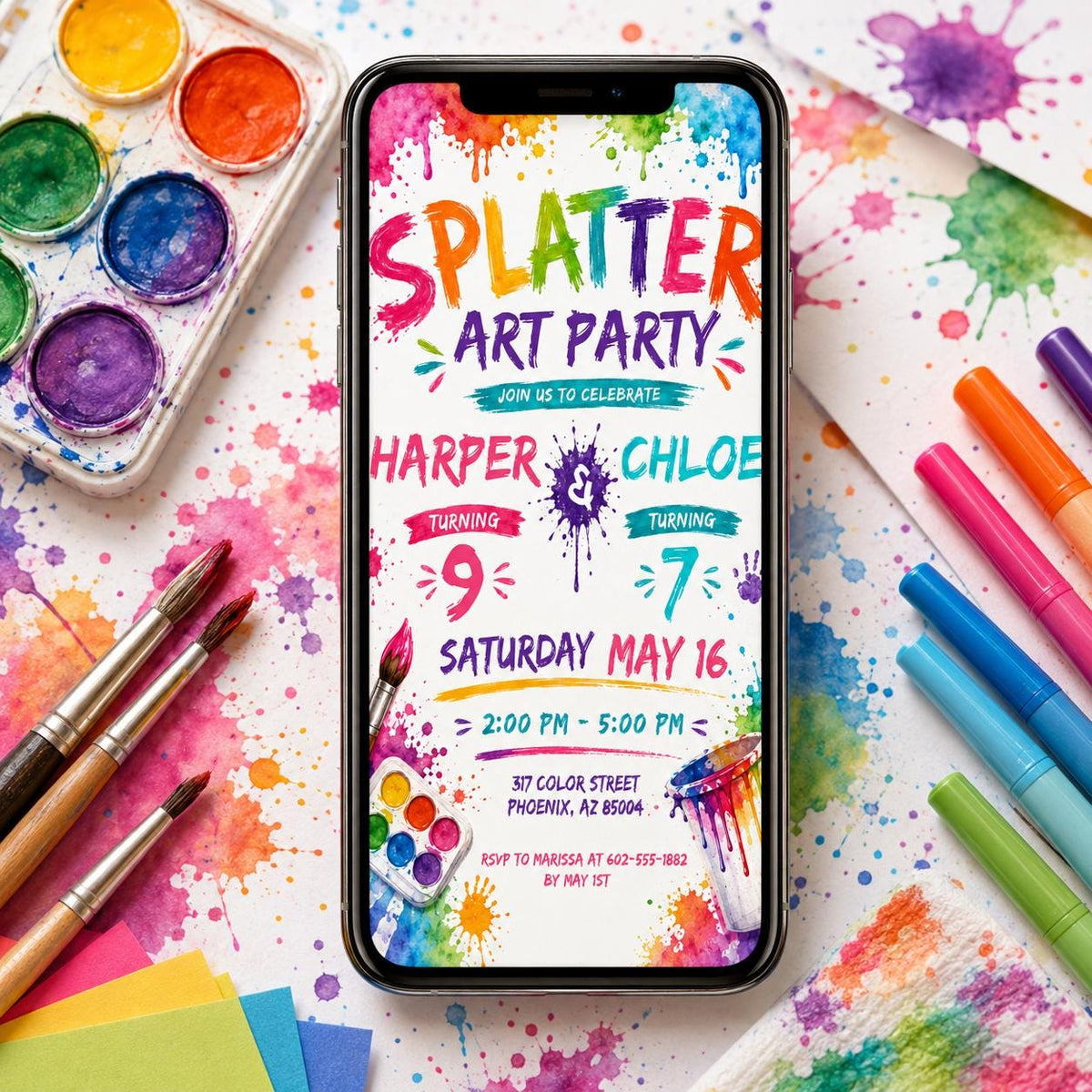 Splatter Art Joint 9th and 7th Birthday Invitation — watercolor 7th birthday party design