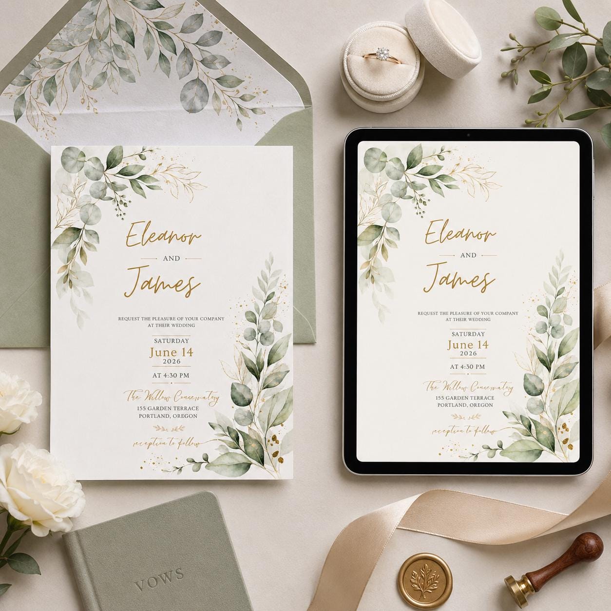 Editable Canva Wedding Invitation Template , Floral Watercolor Design, Save the Date Wedding Invitation Template Floral Eucalyptus Design __etsy:8086194209