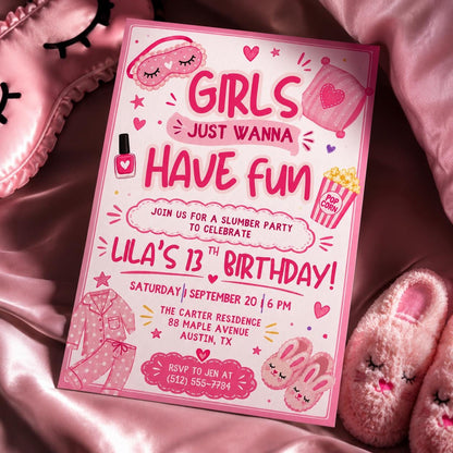 Girls Just Wanna Have Fun Sleepover 13th Birthday Invitation — print-ready 13th birthday party design from VoltBy