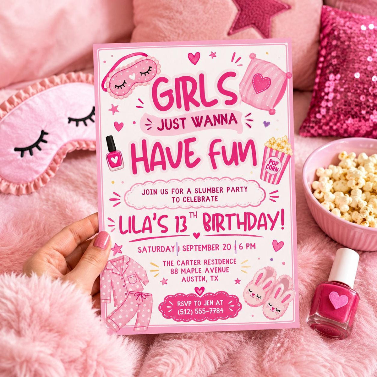 Girls Just Wanna Have Fun Sleepover 13th Birthday Invitation — 13th birthday party stationery by VoltBy