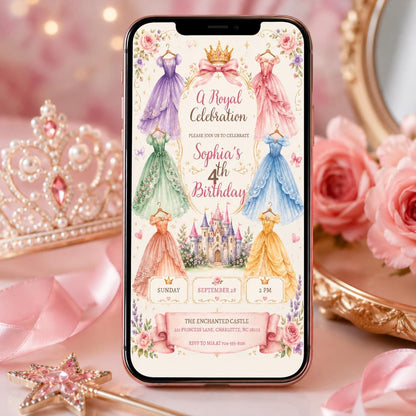 Royal Princess 4th Birthday Invitation with Pastel Gowns — invitation you personalize in Canva