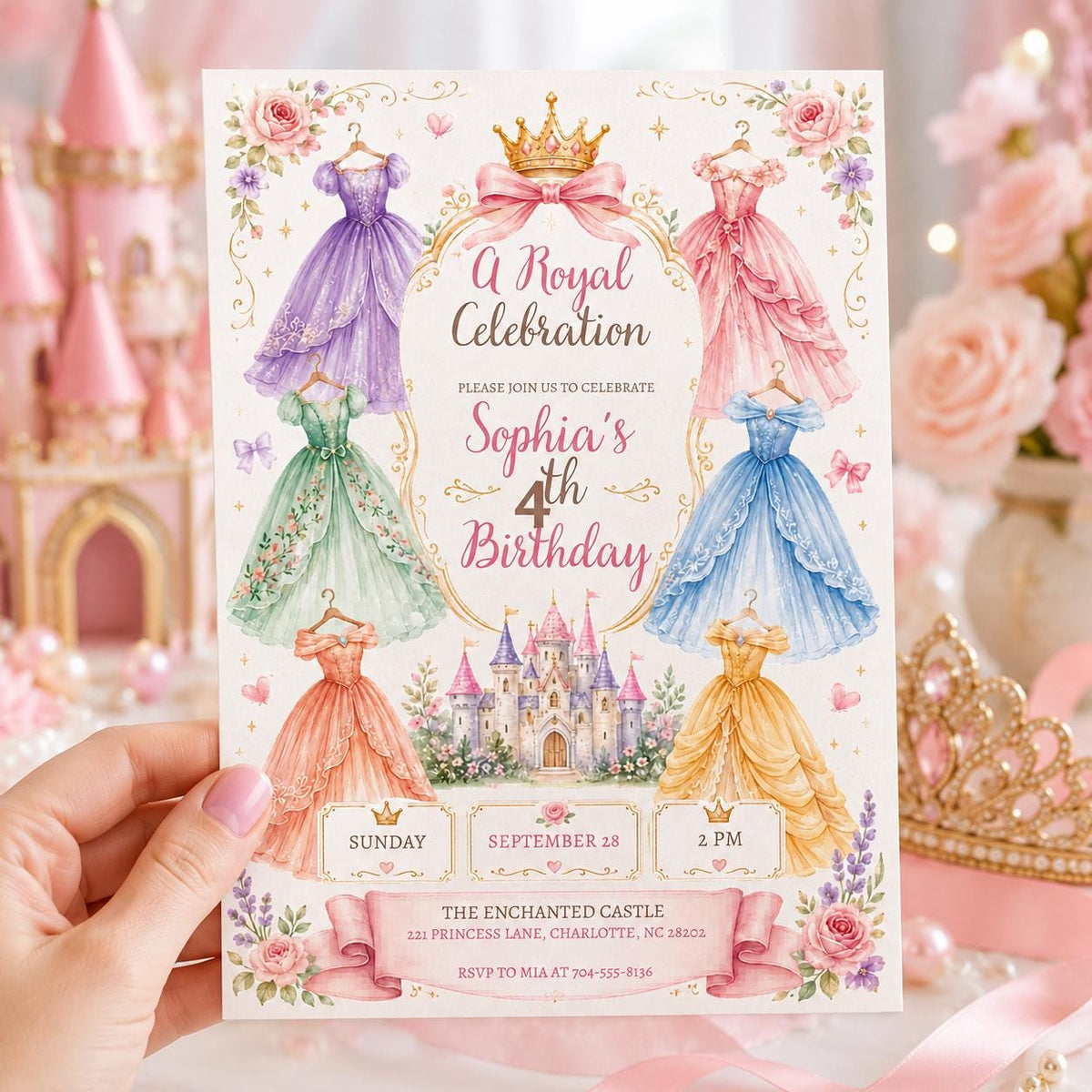 Royal Princess 4th Birthday Invitation with Pastel Gowns — castle design