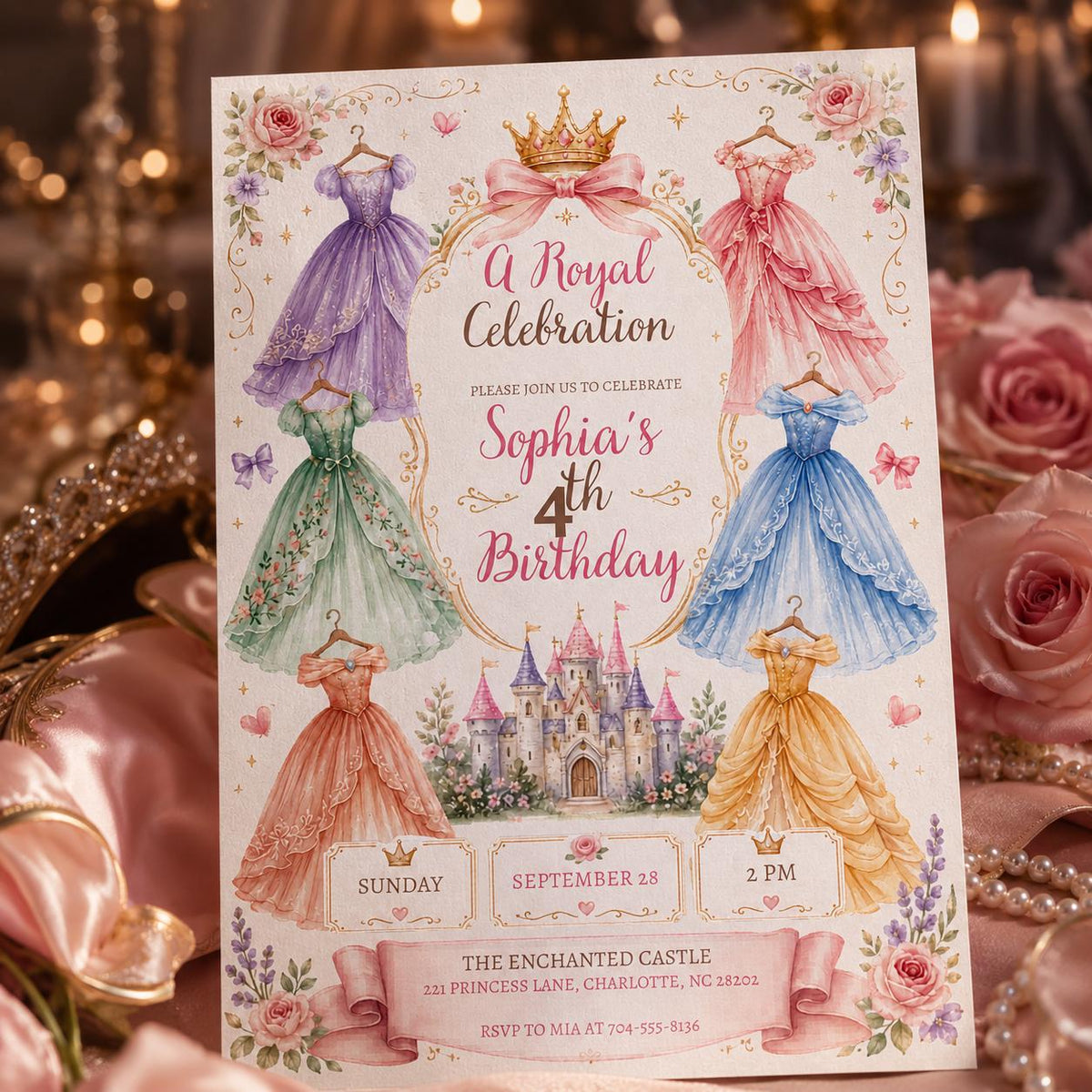 Royal Princess 4th Birthday Invitation with Pastel Gowns — castle artwork in blue and pink