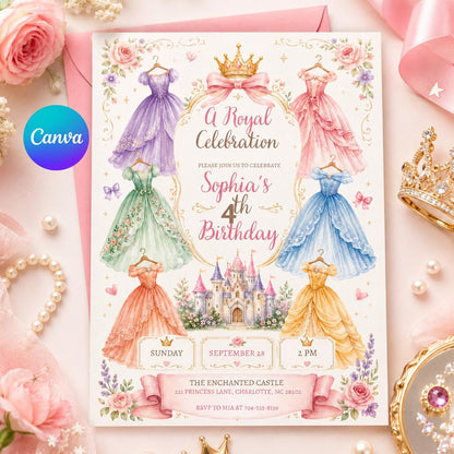 Royal Princess 4th Birthday Invitation with Pastel Gowns — editable Canva template