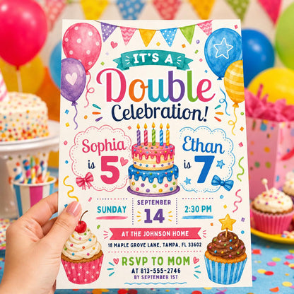 Cake and Balloons Joint 5th and 7th Birthday Invitation — balloon design