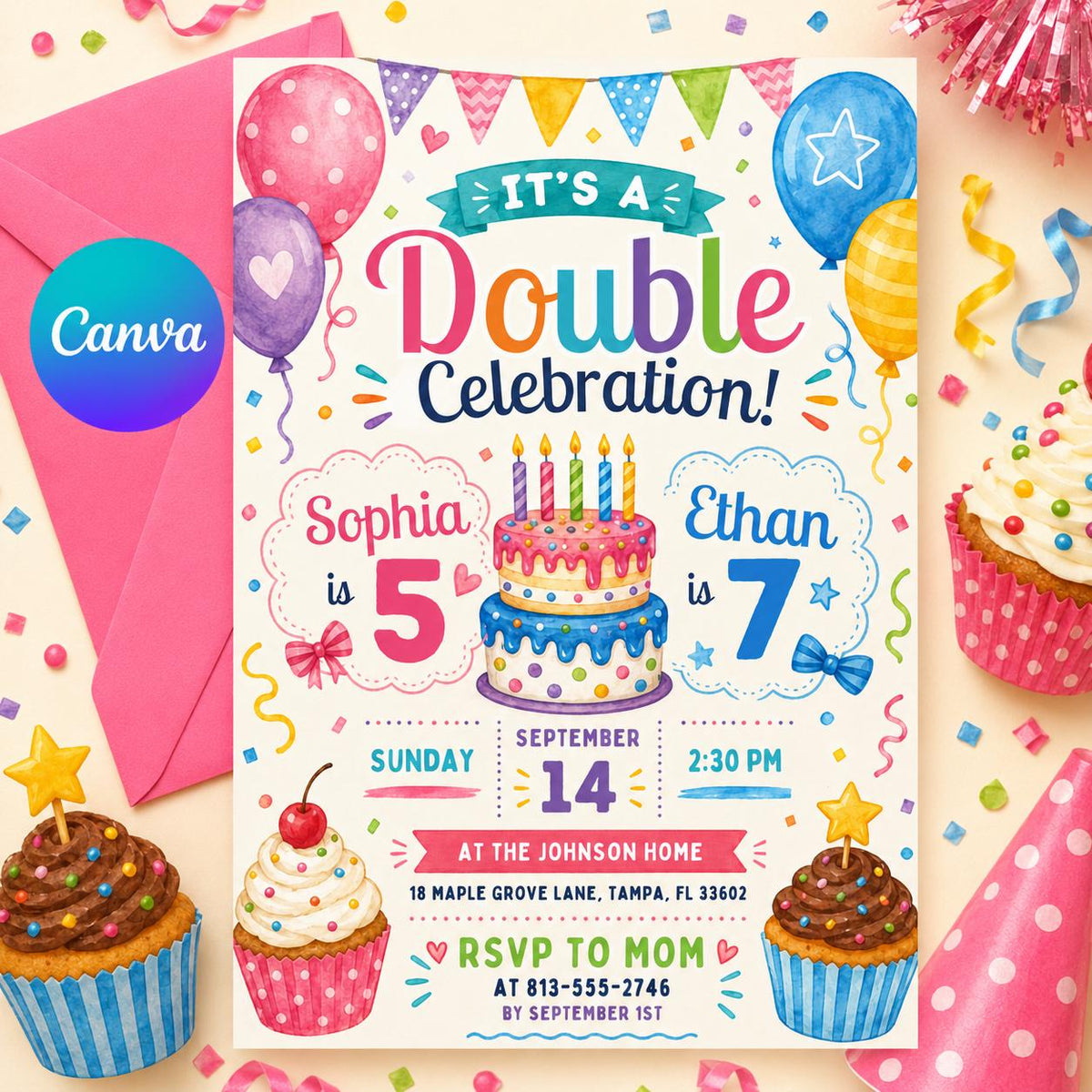 Cake and Balloons Joint 5th and 7th Birthday Invitation — editable Canva template