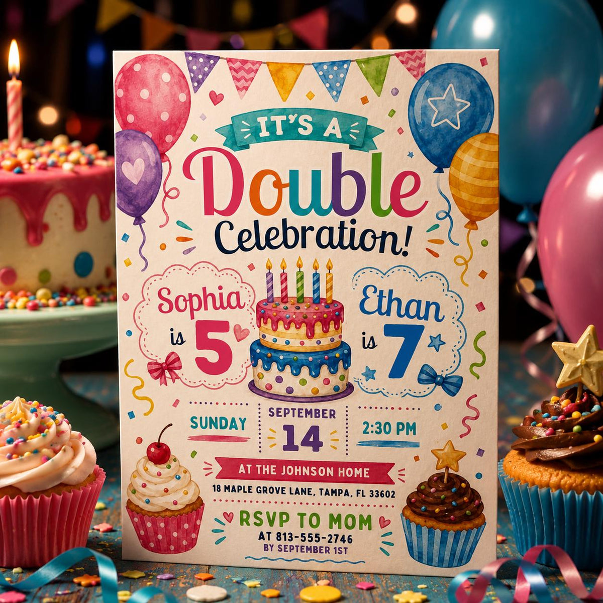 Cake and Balloons Joint 5th and 7th Birthday Invitation — balloon artwork in rainbow white