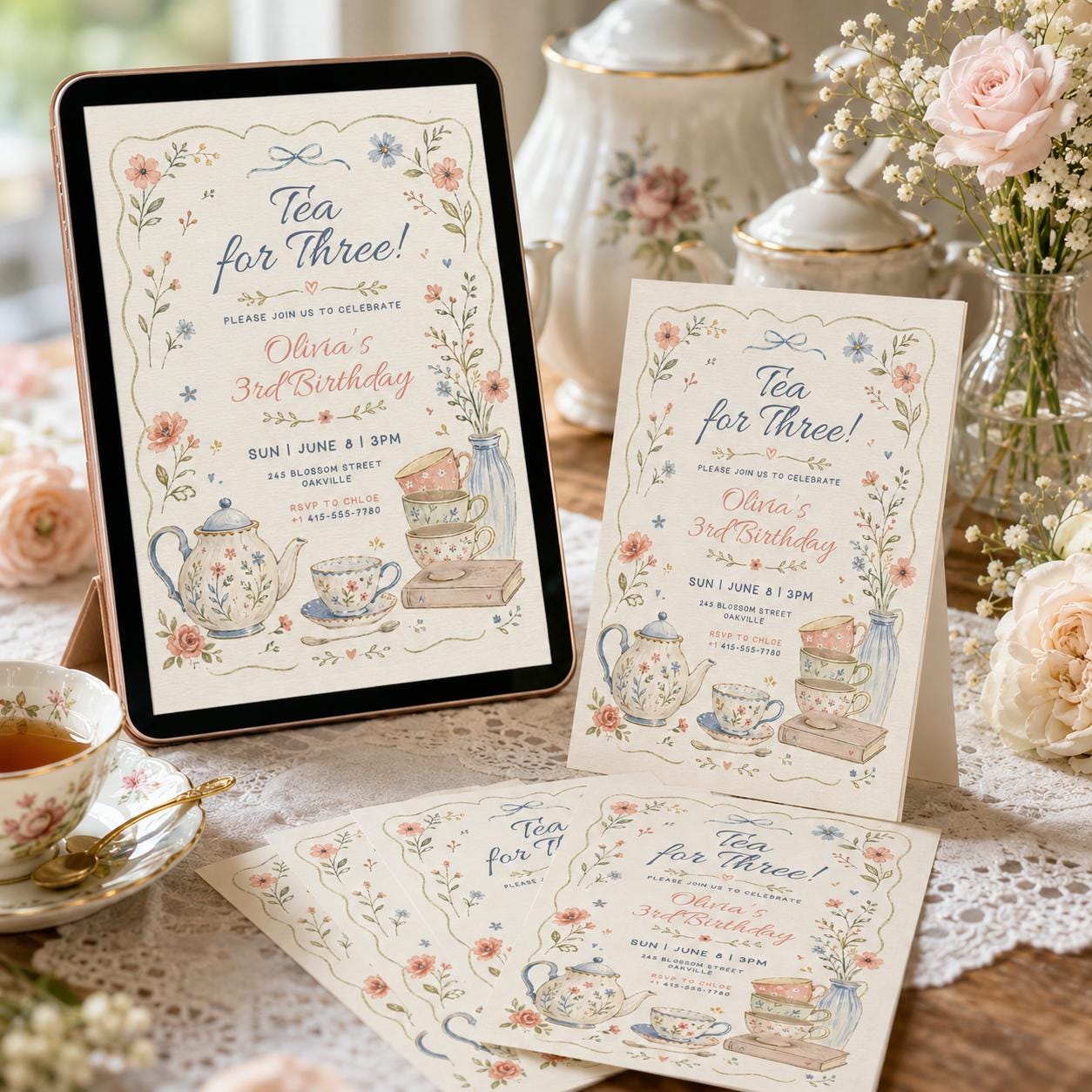 Editable Tea For Three Birthday Invitation Tea For Three 3rd Birthday Party Pink Gold Floral Whimsical Tea Party, Canva Template __etsy:8086503207
