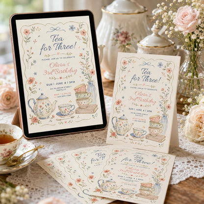 Editable Tea For Three Birthday Invitation Tea For Three 3rd Birthday Party Pink Gold Floral Whimsical Tea Party, Canva Template __etsy:8086503207