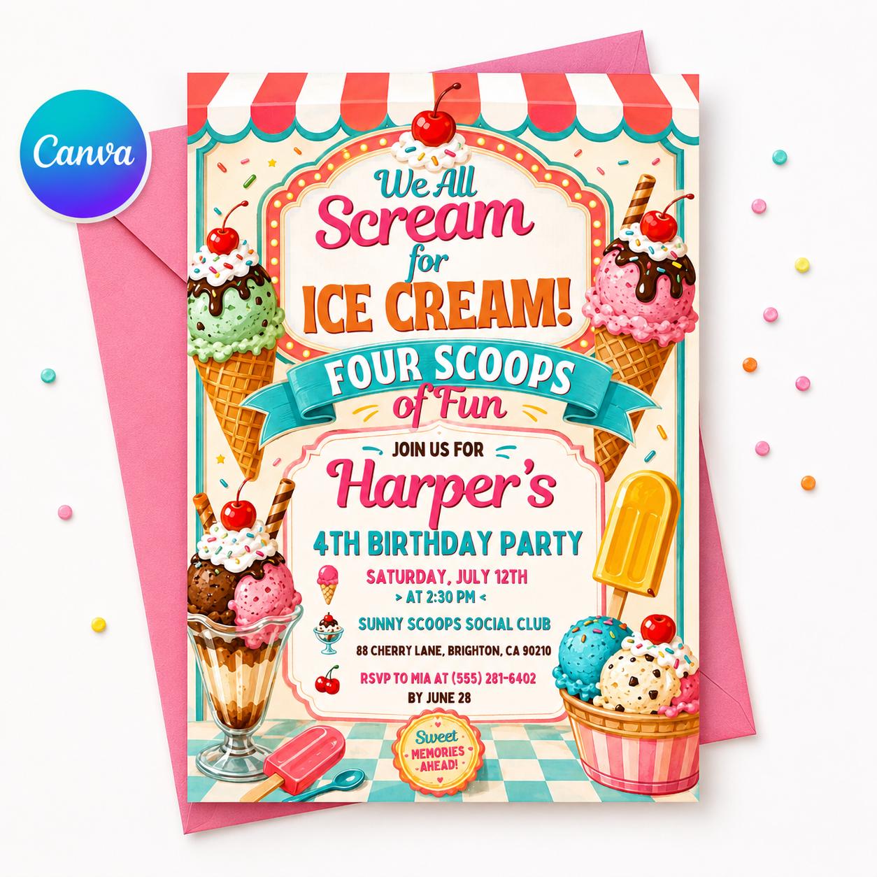 Editable Ice Cream Birthday Invitation I scream You Scream We All Scream Four Ice Cream 4th Birthday Invite Pink Ice Cream Party, Canva __etsy:8086533724