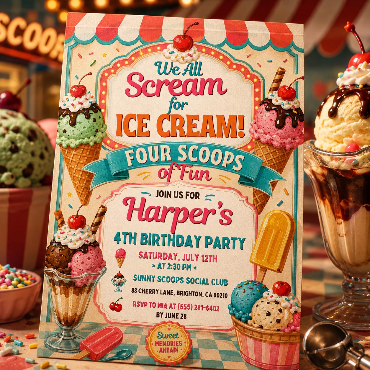 Editable Ice Cream Birthday Invitation I scream You Scream We All Scream Four Ice Cream 4th Birthday Invite Pink Ice Cream Party, Canva __etsy:8086534110