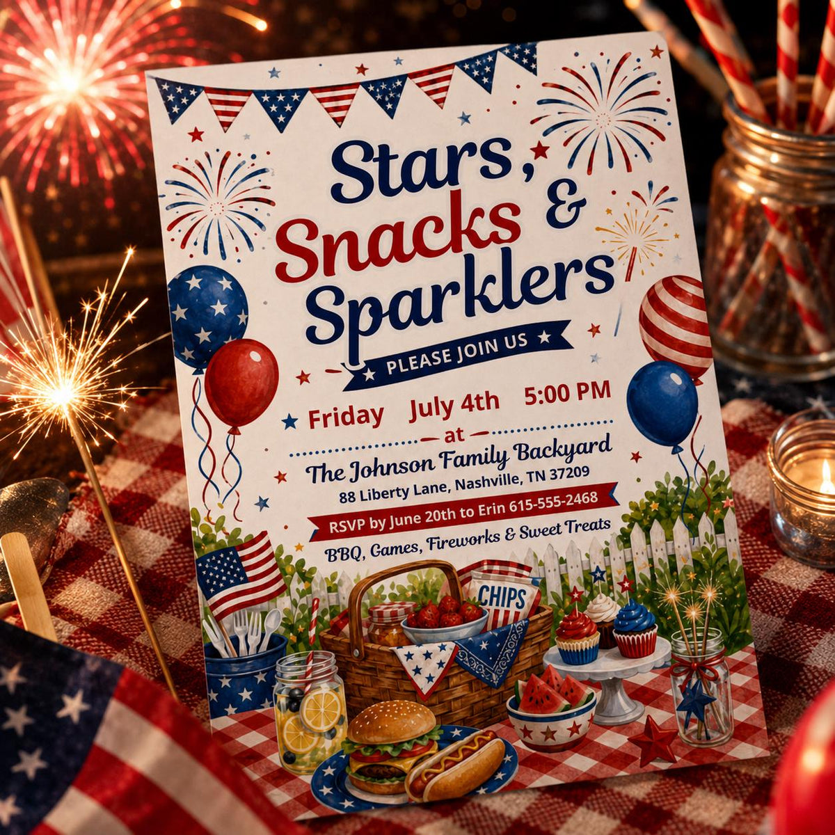 Stars Snacks and Sparklers Fourth of July BBQ Invitation — balloon design